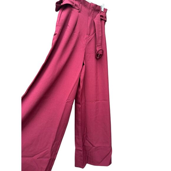 Shop the Mint Burgundy Red Wide Leg Trousers. Paper bag belted waist. Size-S - Picture 4 of 8